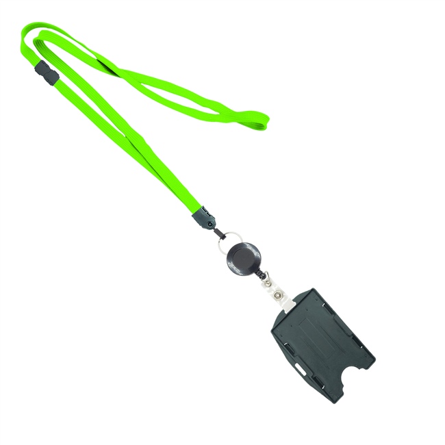  3/8 inch Lime green  breakaway lanyard attached split ring with ID badge reel with horizontal/vertical double-sided ID card holder-blank-LNB3RBBLMG 