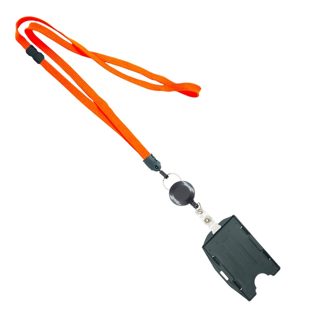  3/8 inch Orange  breakaway lanyard attached split ring with ID badge reel with horizontal/vertical double-sided ID card holder-blank-LNB3RBBORG 