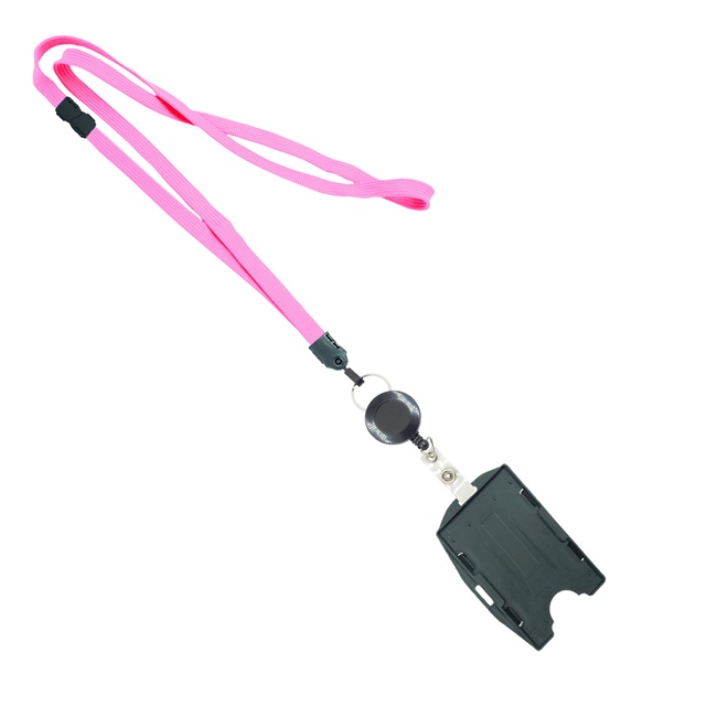  3/8 inch Pink  breakaway lanyard attached split ring with ID badge reel with horizontal/vertical double-sided ID card holder-blank-LNB3RBBPNK 