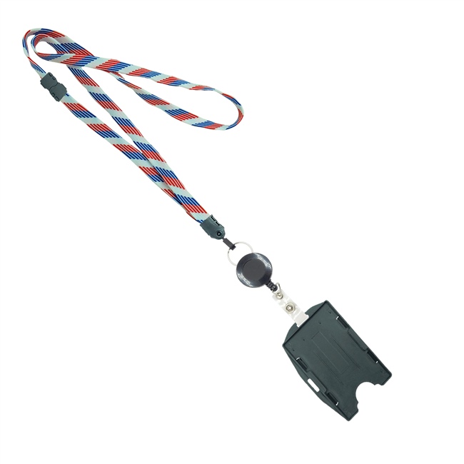  3/8 inch Patriotic pattern  breakaway lanyard attached split ring with ID badge reel with horizontal/vertical double-sided ID card holder-blank-LNB3RBBRBW 