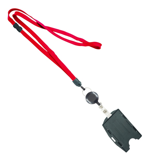  3/8 inch Red  breakaway lanyard attached split ring with ID badge reel with horizontal/vertical double-sided ID card holder-blank-LNB3RBBRED 