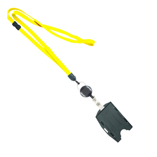  3/8 inch Yellow  breakaway lanyard attached split ring with ID badge reel with horizontal/vertical double-sided ID card holder-blank-LNB3RBBYLW 
