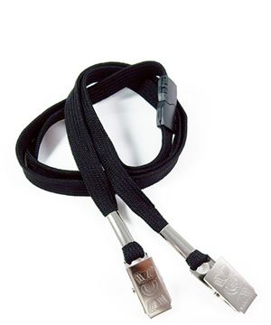  3/8 inch Black double clip lanyards attached breakaway and 2 bulldog clipsblankLRB324BBLK 