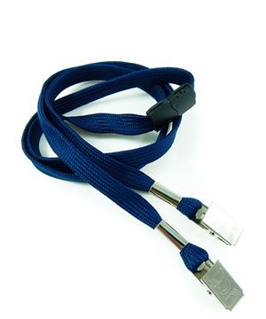  3/8 inch Navy blue double clip lanyards attached breakaway and 2 bulldog clipsblankLRB324BNBL