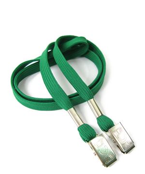 3/8 inch Green double clip lanyard with 2 metal bulldog clipsblankLRB324NGRN 