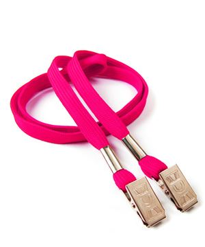  3/8 inch Hot pink double clip lanyard with 2 metal bulldog clipsblankLRB324NHPK 